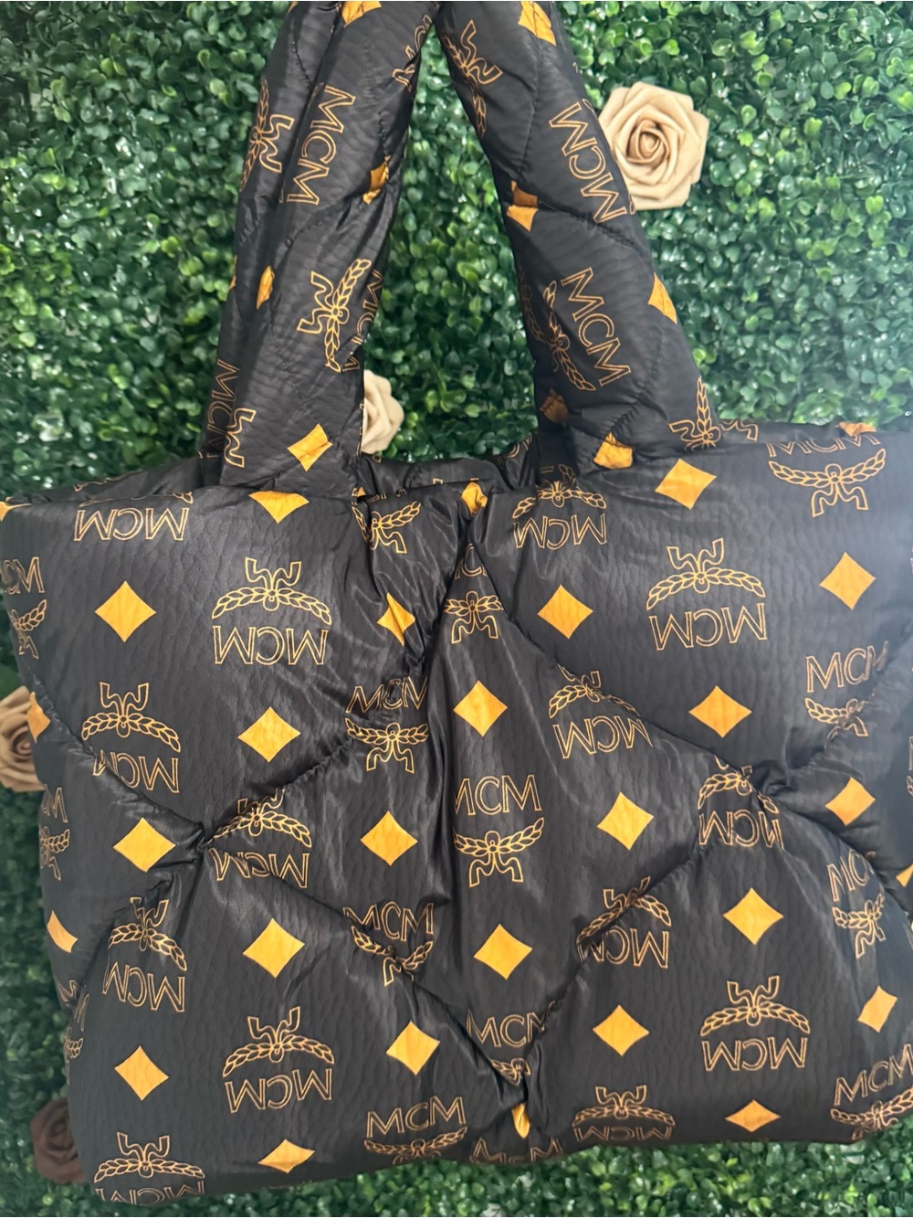 MCM Black & Cognac Logo Quilted Puffer Tote - Picture 12 of 13